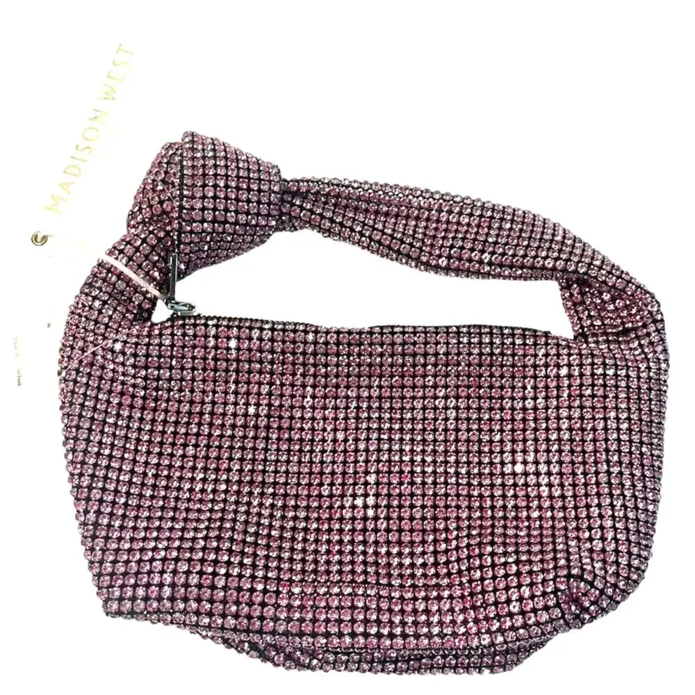 NWT Madison West Knotted Rhinestone Dumpling Evening Handbag Purse in Pink